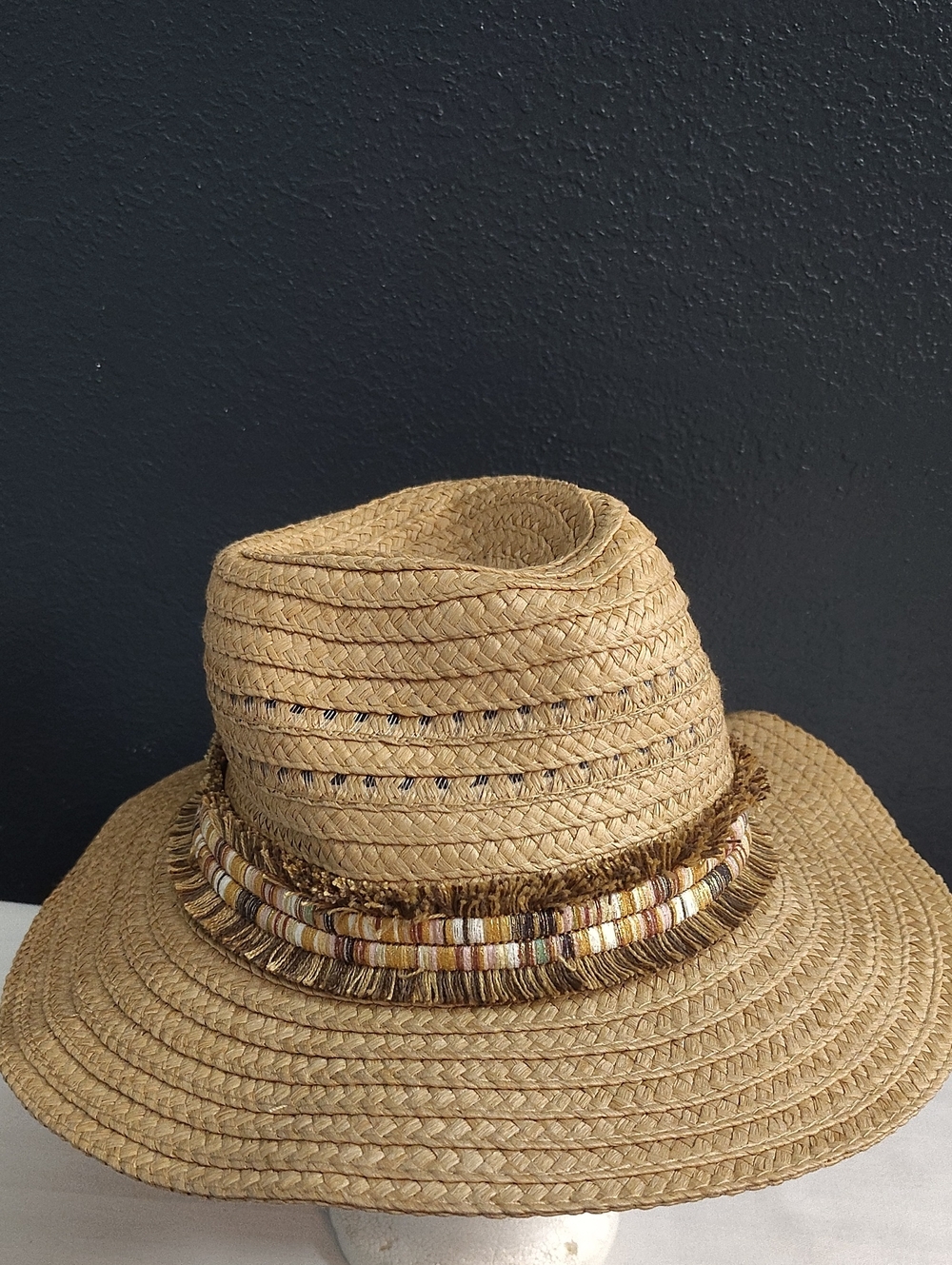 EARTHBOUND Tan Straw Fedora  Multicolor Fringe Color Band Circumference 21.5